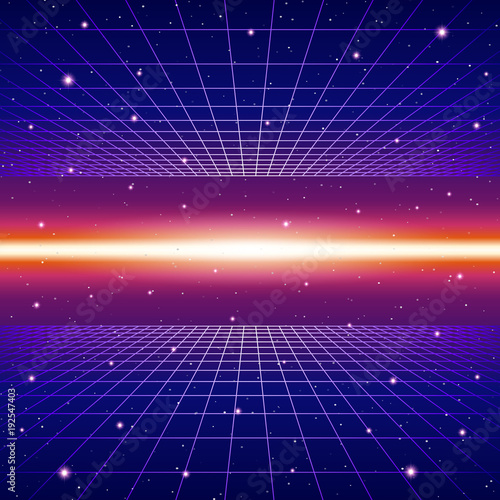 Retro neon background with 80s styled laser grid and stars