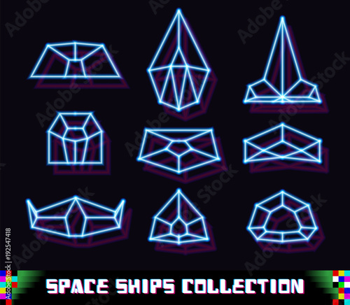 80s styled neon space ships with laser geometric grid