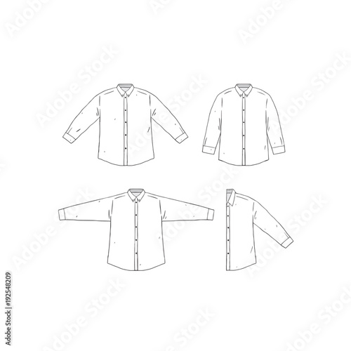 Set of blank shirt design template hand drawn vector illustration. Front shirt sides. White male shirt on white background.