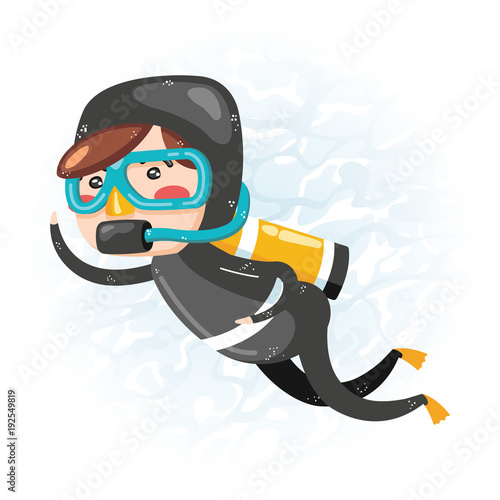 Clip art of one cute boy scuba diver in black wet suit which is ideal for creating your wallpapers, backgrounds, stickers, fabric patterns, clothing prints, labels, crafts & projects