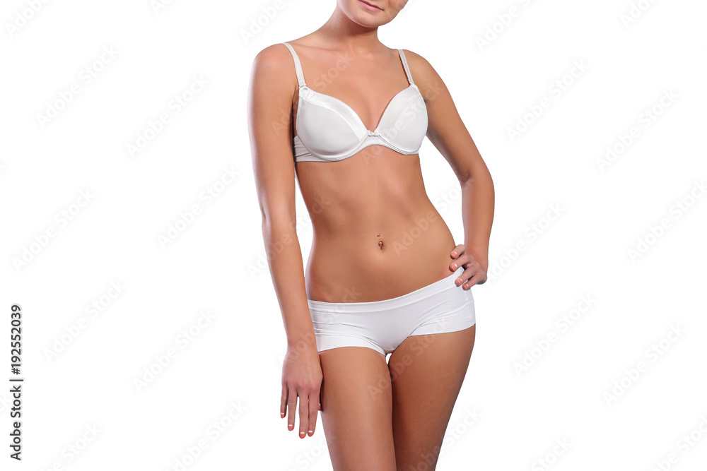 young female body in white lingerie - obrazy, fototapety, plakaty 
