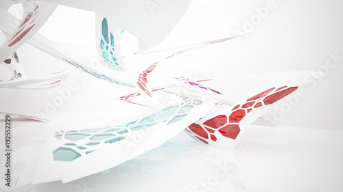Abstract white and colored gradient glasses parametric interior with window. 3D illustration and rendering.