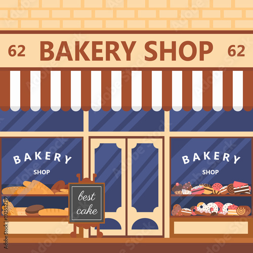 Bakery facade. Showcase with sweets. Cakes and bread. Flat vector