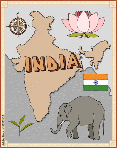 stylized retro map india water lily lotus elephant tea leaf national flag