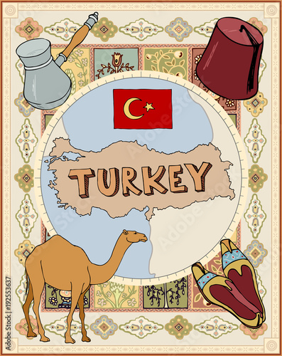 stylized retro map turkey Cezve turkish shoes headdress cap fez camel dromedary