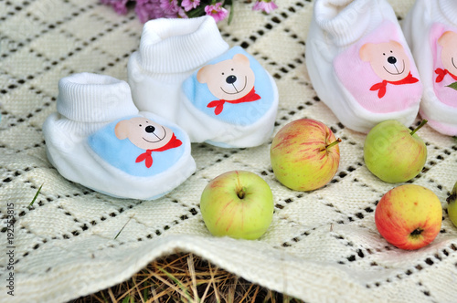 Blue and pink baby booties