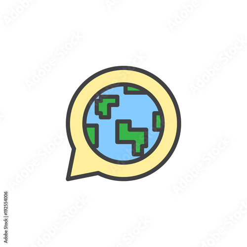 Globe in speech bubble filled outline icon, line vector sign, linear colorful pictogram isolated on white. Language symbol, logo illustration. Pixel perfect vector graphics