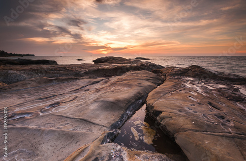 beautiful view of sunset seascape at Kudat, Sabah Malaysia. image contain soft focus due to ong expose.
