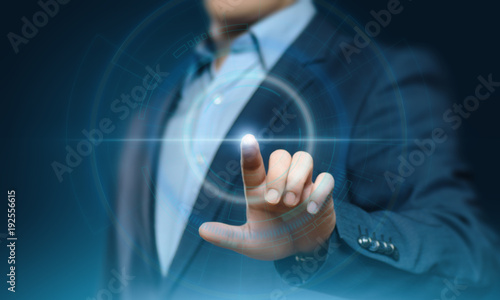 Businessman pressing button. Innovation technology internet business concept. Space for text photo