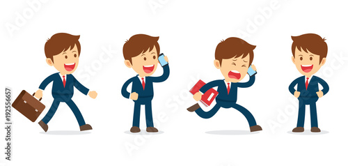 Set of businessman working character design. Flat office cartoon illustration isolated background.