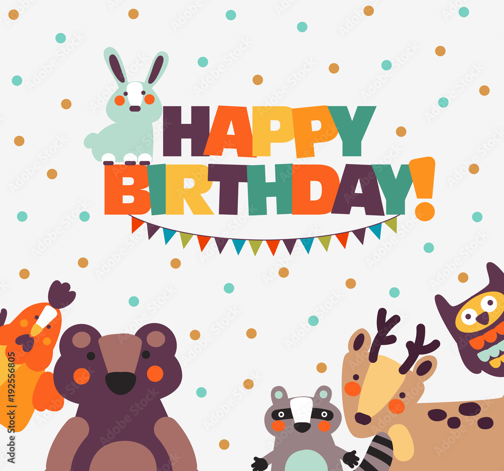 Happy birthday - lovely vector card with funny cute animals and garlands Happy birthday - lovely vector card with funny cute animals and garlands
