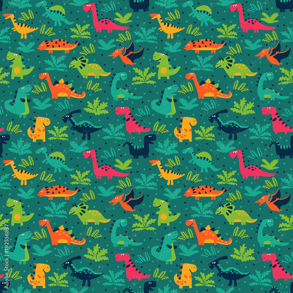 Vector seamless pattern with funny dinosaurs, clouds and trees
