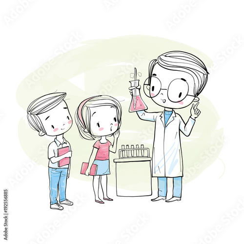 Male scientist and students making chemical experiments in lab. Vector illustration hand drawn.