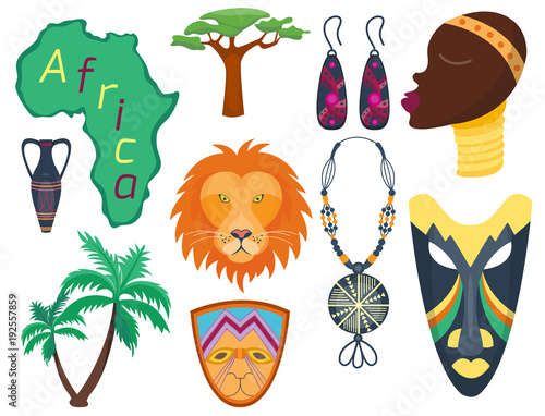 Africa vector icons jungle tribal and maasai ethnic african woman ancient safari traditional travel culture illustration