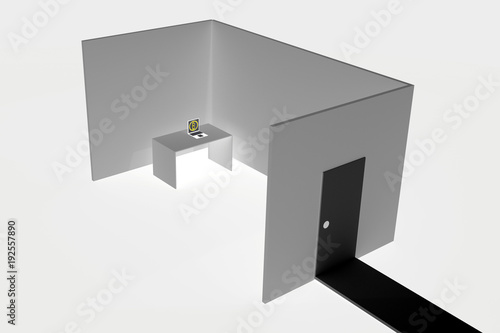 A room with a laptop with sign Bitcoin on the desk. 3D rendering. photo