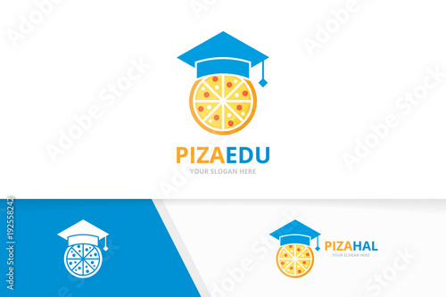 Vector graduate hat and pizza logo combination. Study and food symbol or icon. Unique pizzeria logotype design template.
