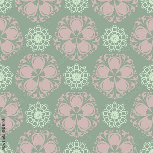 Floral seamless pattern. Olive green background with pale pink flower elements