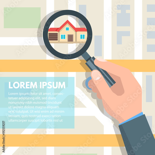 House search in map vector illustration, real estate concept. Hand holding magnifying glass.