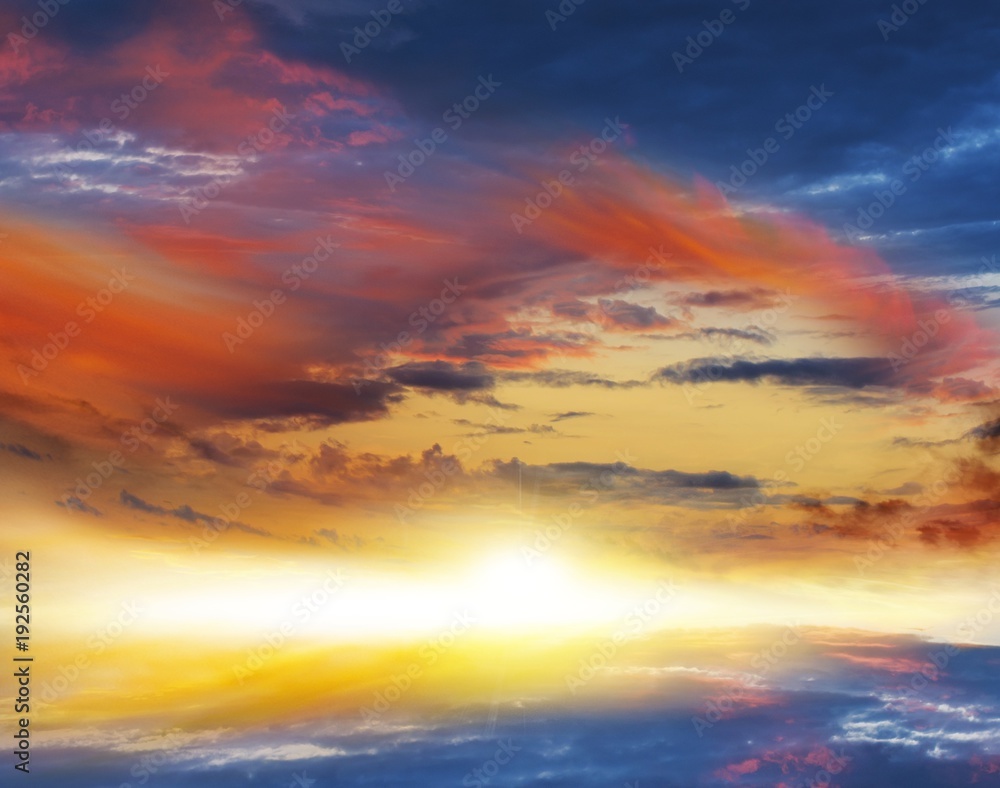 Fototapeta Abstract background, the divine sky . Dramatic nature background . Sunset or sunrise with clouds, light rays and other atmospheric effect . Light from sky . Religion background . Light in dark sky