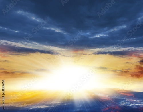 Abstract background, the divine sky . Dramatic nature background . Sunset or sunrise with clouds, light rays and other atmospheric effect . Light from sky . Dramatic sky . Light in dark sky 
