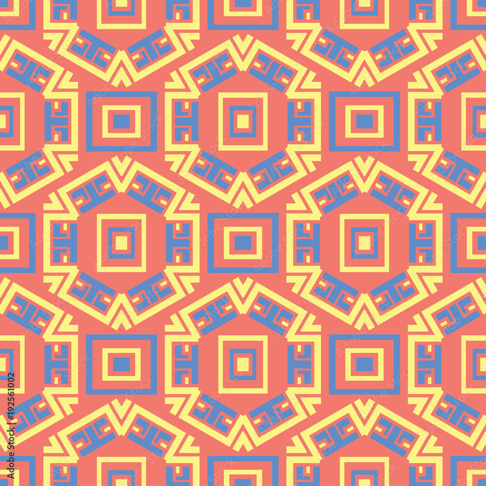 Geometric bright multi colored seamless background. Blue and beige elements on orange background