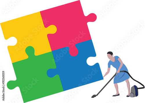 persona delle pulizie pulisce sotto gruppo di puzzle