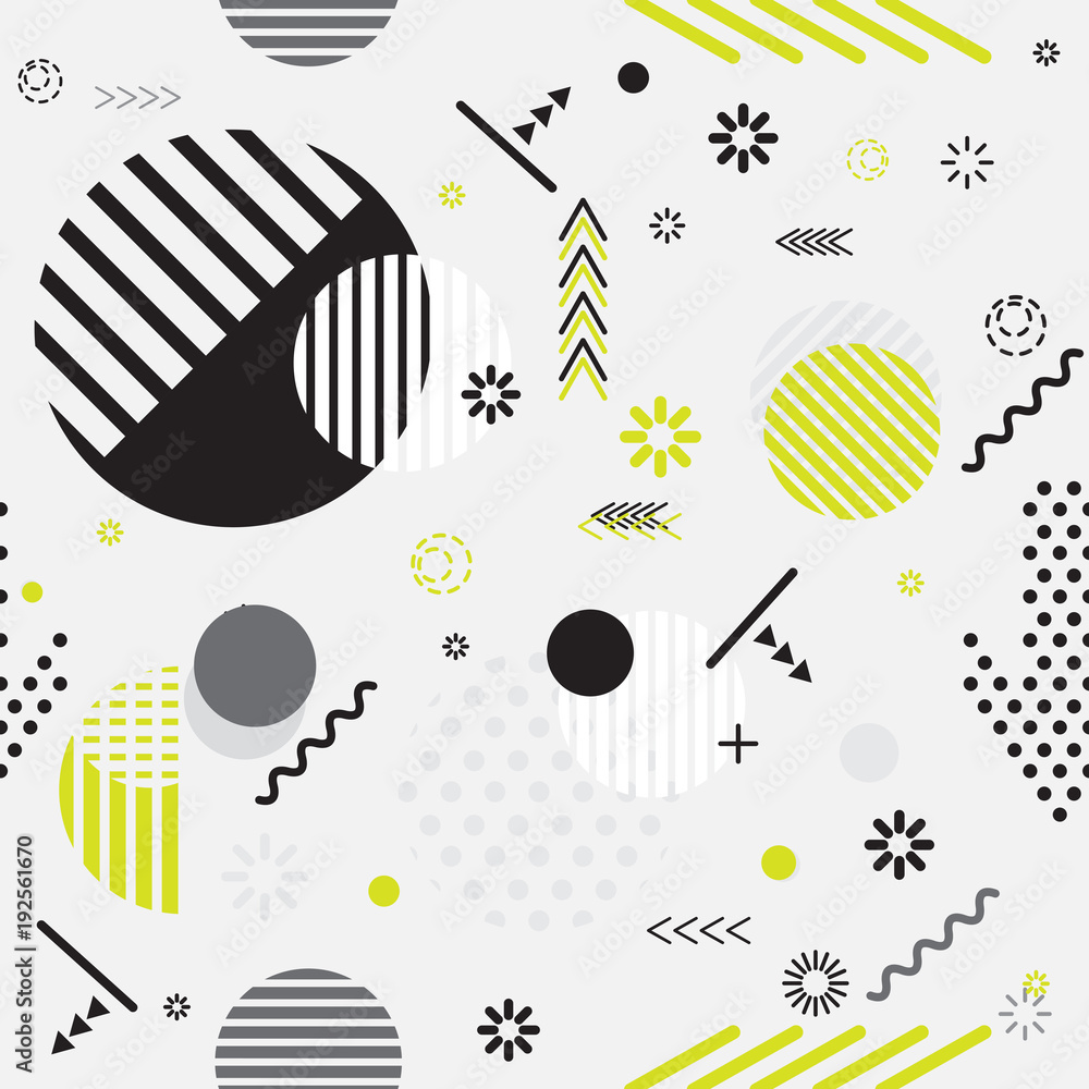 Trendy Memphis eco style geometric pattern with bright geometric leaves foliage, vector illustration Trendy Memphis eco style geometric pattern with bright geometric leaves foliage, vector illustration