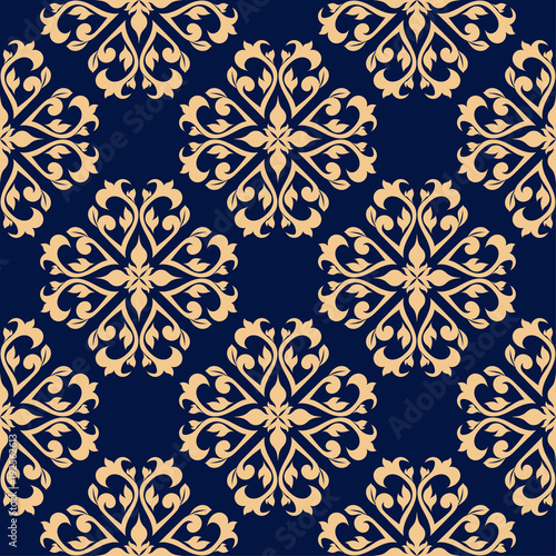 Golden floral seamless pattern on blue background