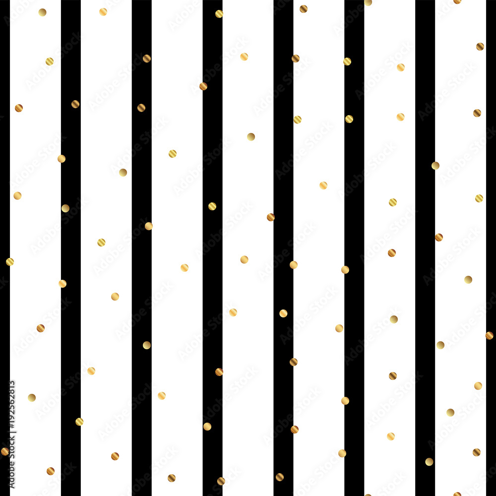 Golden dots seamless pattern on black and white striped background. Sublime gradient golden dots endless random scattered confetti on black and white striped background. Confetti fall chaotic decor.