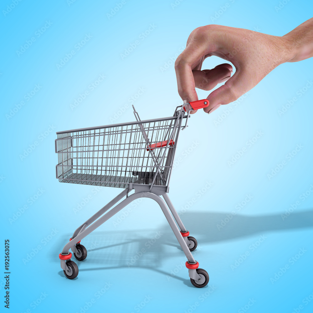 Fototapeta premium shopping cart in a hand 3d render over blue background