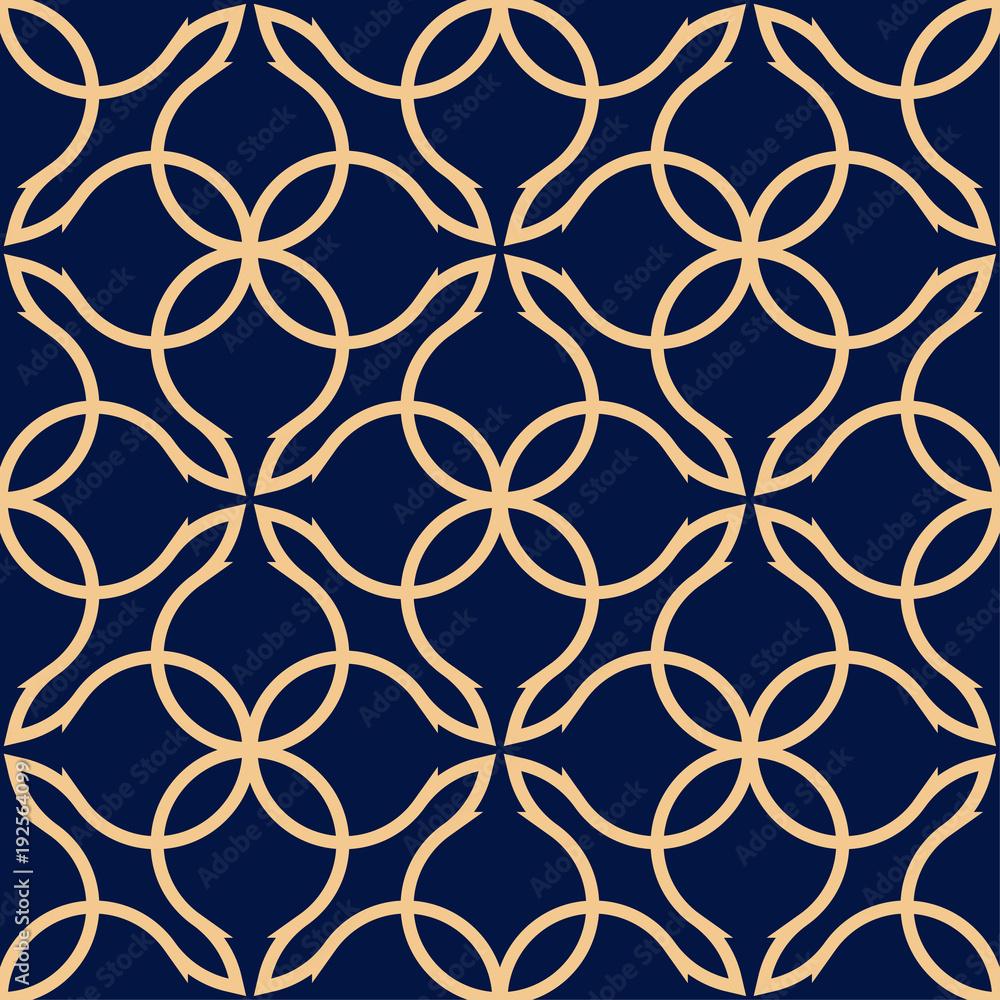 Fototapeta premium Golden geometric ornament on blue background. Seamless pattern