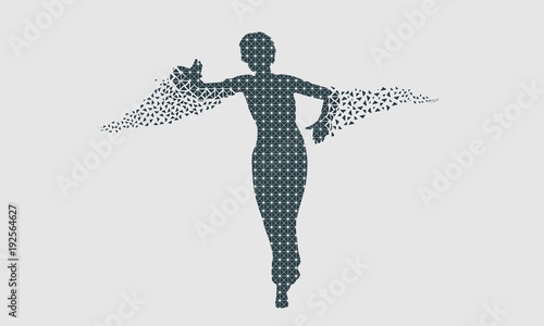 Abstract women in dancing pose textured by lines and dots pattern in sword fight pose. Particles emission