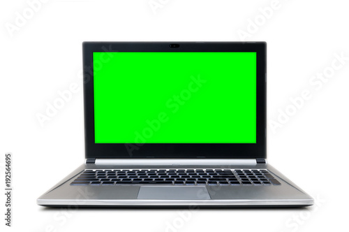 front view af isolated grey and black laptop with green screen