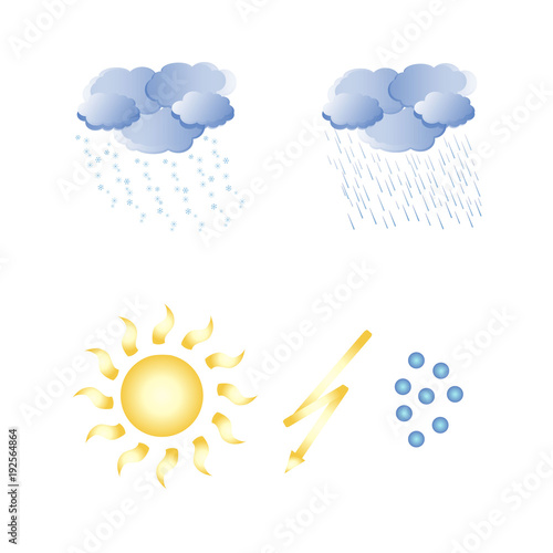 Weather icons. Yellow sun and lightning, blue clouds, raindrops, snowflakes, hails. Objects on a white background, clip art, stock vector illustration