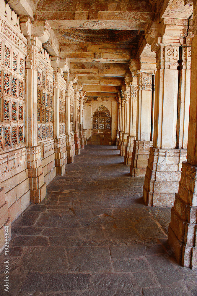 Walkway courtyard. Pillars at the east mausoleum containing the tombs of Mahmud Begada, and of his son Saltan Muzaffar II