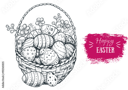Happy Easter illustration. Basket with easter eggs hand drawn sketch. Vintage vector illustration. Engraved style.