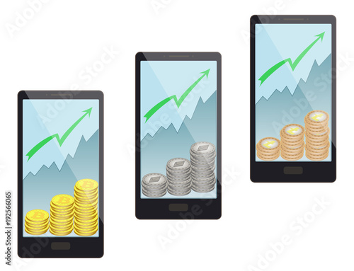 buying coins in a smartphone on a white background,bitcoin, ethereum, litecoin