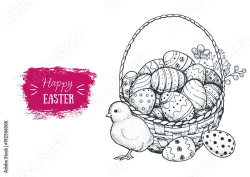 Happy Easter vector illustration. Basket of Easter eggs and chick hand drawn. Engraved style image.