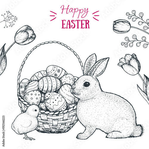 Happy Easter vector illustration. Basket of Easter eggs, cute bunny and chick hand drawn sketch. Engraved style image.