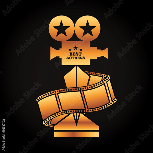 gold award projector trophy best actress strip film movie vector illustration black background