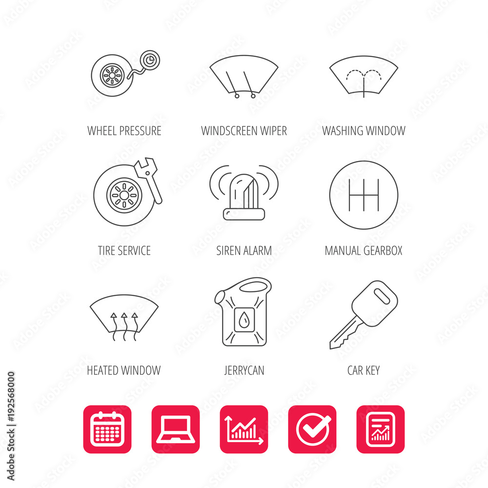 Manual gearbox, tire service and car key icons. Manual gearbox, tire service and car key icons.
