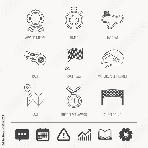 Race flag and speed icons. Winner medal signs.