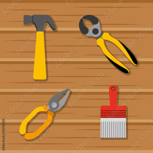 set tools construction equipment on wooden background vector illustration