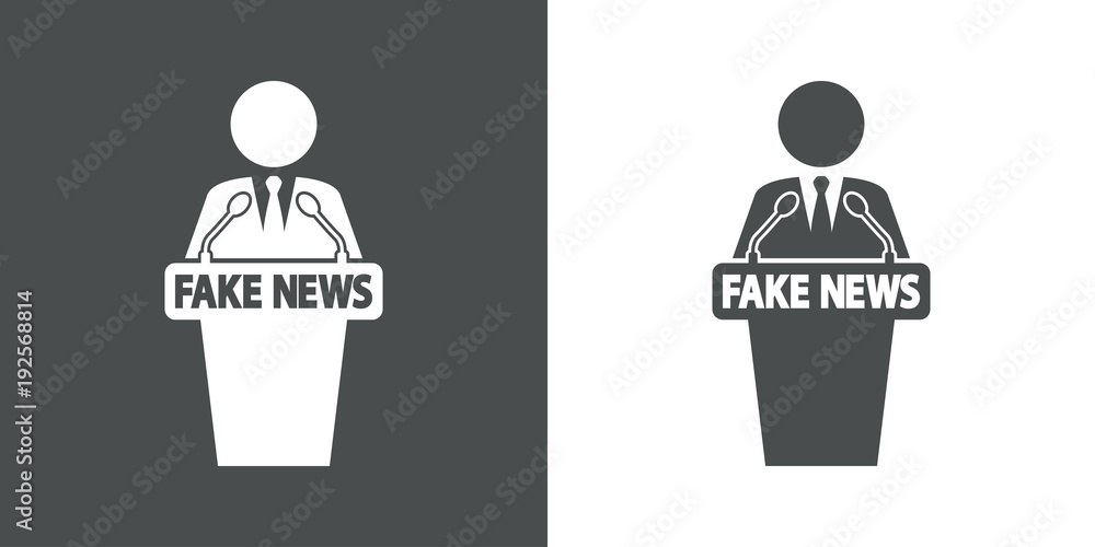 Icono plano orador con FAKE NEWS en gris y blanco Icono plano orador con FAKE NEWS en gris y blanco