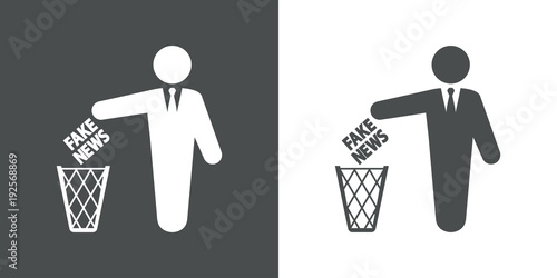 Icono plano tirar FAKE NEWS papelera en gris y blanco