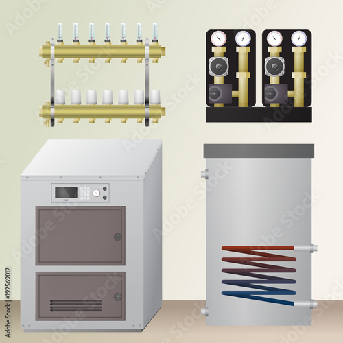 Solid fuel boiler in the room. Vector illustration. The HVAC equipment. manifold, pump, water heating.