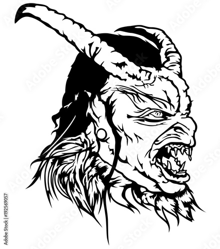 Satan Head - Black and White Devil Illustration, Vector