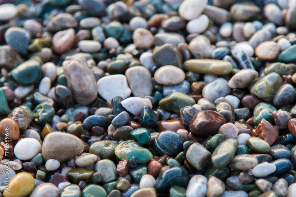 multi-colored pebbles on the beach, washed by waves multi-colored pebbles on the beach, washed by waves