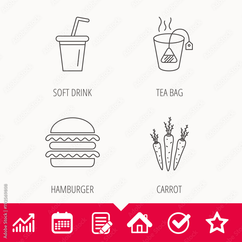 Hamburger, tea bag and soft drink icons. Hamburger, tea bag and soft drink icons.