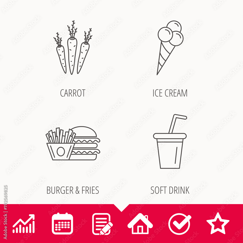 Hamburger, carrot and soft drink icons. Hamburger, carrot and soft drink icons.